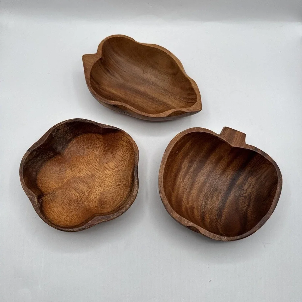 Set Of 3 Vintage Monkeypod Wood Salad Bowls Shaped Apple Leaf Apple Dinner Party